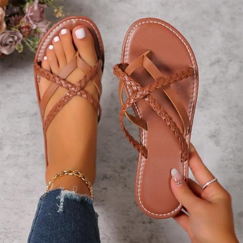 Flat Sandals Ladies Sandals Womens Cross Strappy Open Toe Sandal Elastic Strap Hiking Sandal Casual Travel Breathable Flip Flop Womens Wide Fit Slippers Ladies Summer Beach Shoes — view 2