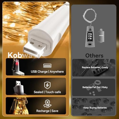 KOBWA Bottle Lights with Cork, USB Rechargeable Wine Bottle Light Battery Operated Jars Fairy Lights, 2025 Upgraded String Lights for Xmas Decorations(Warm White, 3 Pack) — view 3
