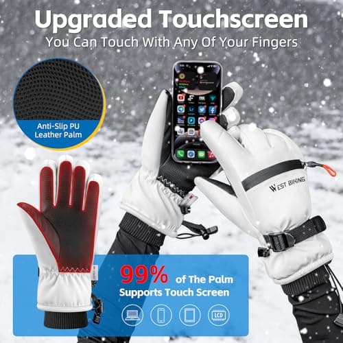 CYCLESPEED Ski Gloves for Men Women Waterproof Thermal Winter Glove Adult Unisex Snow Gloves for Skiing Snowboarding, Snowmobiling, Winter Hiking Outdoor Walking (White, L) — view 5
