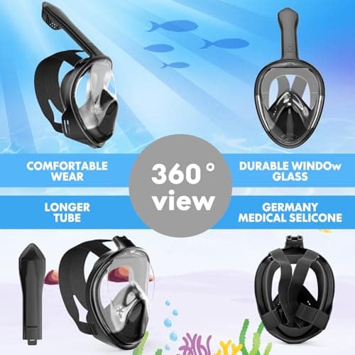 Kids Snorkel Mask Full Face, Snorkeling Gear for Kids 3-14 with Camera Mount, 180 Degree Panoramic View Snorkeling Set Anti-Fog Anti-Leak (Black) — view 5