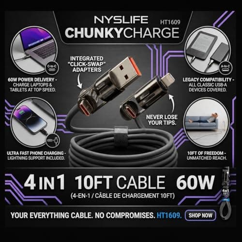 NYSLIFE Chunky Charge 4 in 1 Multi USB Fast Charging Cable, 10 Ft, USB A/C to C/Lightening 60W Charger Cable, Yellow Heavy Duty Universal Charger Cord for iPhone, Android, Laptop, Tablet — view 2