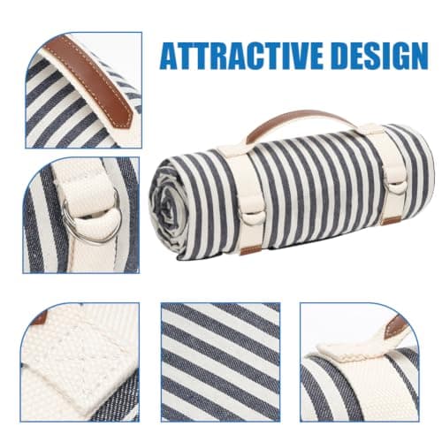VIREO GARDEN Waterproof Picnic Blanket Portable with Carry Strap for Beach Mat or Family Outdoor Camping Party, 200X145cm Park Blanket for Grass Park, Hiking, Travel, Concerts.Navy Blue — view 5