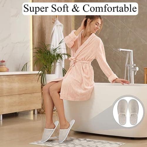 JISRKP 3 Pcs Disposable Hotel Slippers, Soft Coral Fleece Spa Slipper For Women, Hotel Travel Spa Portable Slippers Home Guest Indoor, Unisex Padded Sole Guest Sli-ppers, Beige — view 2