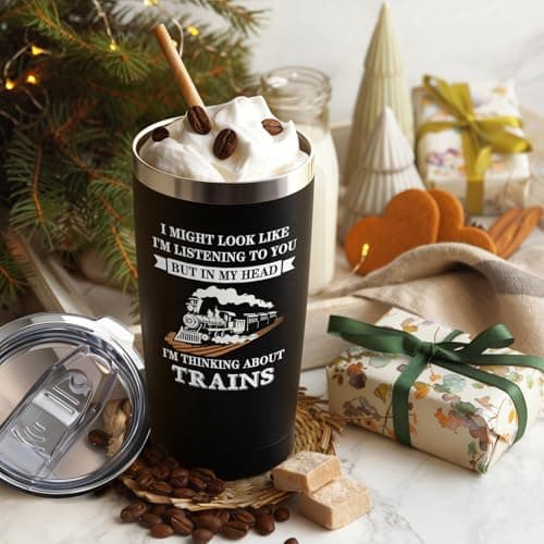 Livole Train Gifts for Men, Him, Dad, Christmas Gifts for Train Enthusiasts, Novelty Mens Present for Birthday, In My Head I'm Thinking about Trains, 20oz 600ml Double Walled Travel Coffee Tumbler Mug — view 3