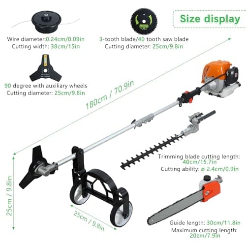 8 in 1 Petrol Garden Multi Tool, 52CC Gas Powered Weed Eater with Brush Cutter, Hedge Trimmer, Pole Chainsaw & Auxiliary Wheel for Grass Hedge Tree Cutting (Orange) — view 2
