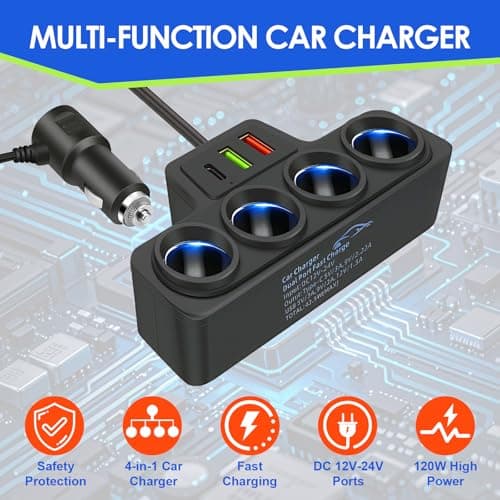 120W Car Cigarette Lighter Multi Socket with 4 Sockets & 3 USB Ports — view 2