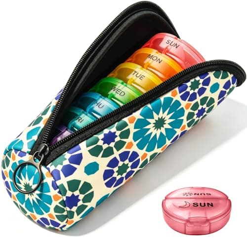 Portable Round Pill Box with Zipper Pouch, Navy Moroccan Travel Pill Organiser for Tablets, Vitamins, Capsules and Supplements, Compact Medicine Case