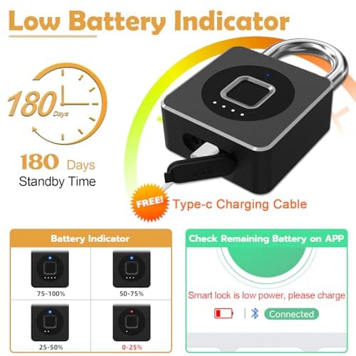 Anweller Fingerprint Padlock,Smart Padlock with APP,Biometric Padlocks with Fingerprint,Gym Locker Padlocks Waterproof Suitable for Gym, Locker, Gates, Fence and Storage Black — view 5