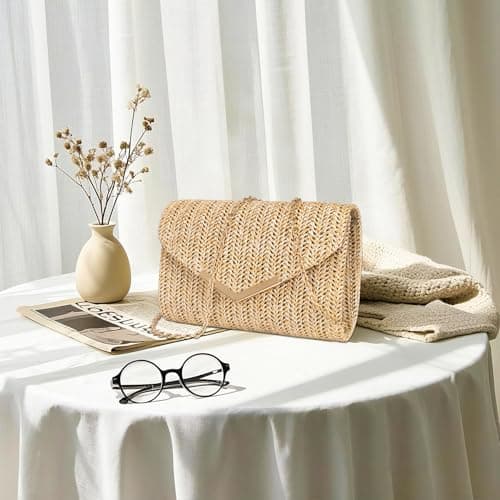 Larcenciel Boho Women's Clutches, Woven Straw Clutch Bag w/Detachable Chain, Summer Envelope Straw Beach Bag, Hand-Woven Evening Handbag for Wedding, Dinner, Prom, 20×13×5CM — view 3