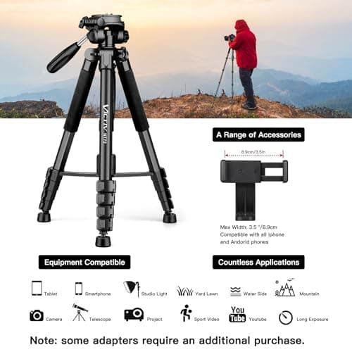 Victiv 72-inch Camera Tripod Aluminum Monopod T72 Max. Height 182cm- Lightweight and Compact for Travel with 3-way Swivel Head and 2 Quick Release Plates for DSLR Video Shooting - Black — view 4