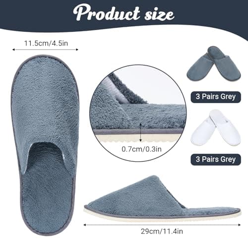 Defresit 6 Pairs Hotel Slippers, Soft Coral Velvet Travel Slippers, Non Slip Spa Slipper with Thick 7mm Soles, Reusable Guest Slipper or Guests, Home, Spa & Airplane (3 pairs grey+3 pairs white) — view 4