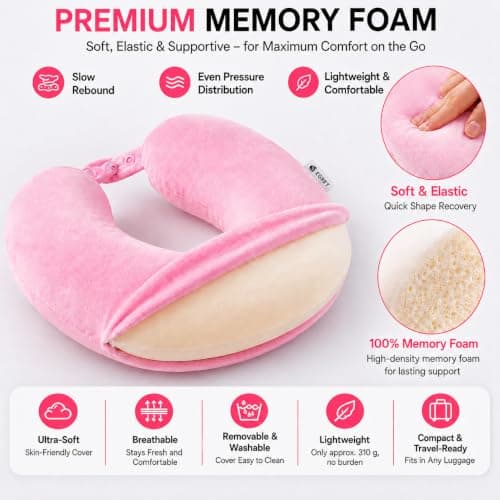 Egret Memory Foam Travel Neck Pillow, 360° Head, Neck & Chin Support, 2-Level Adjustable Neck Pillow for Travel with Removable Washable Cover, for Long Flights (Pink — view 6