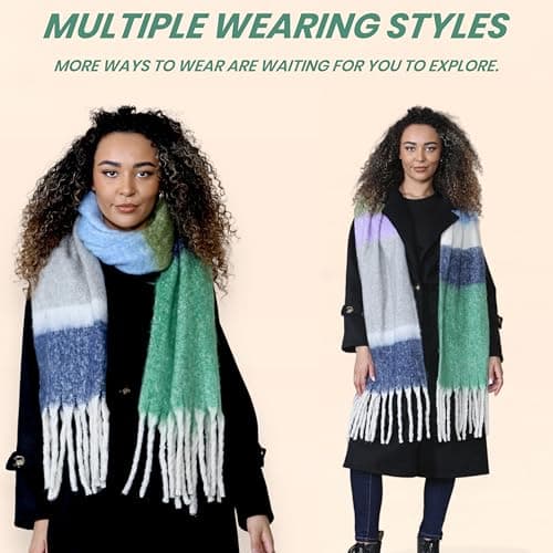 Daisy Dreamer Women Chunky Knit Bright Blanket Scarf Long Plaid Wrap Winter Warm Check Scarves Shawls with Tassel Gift for Ladies, Green/Blue Stripe — view 5