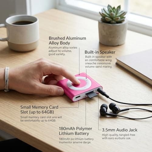Cocoarm Portable MP3 Player with Speaker Aluminum Alloy Music Player HiFi Sound 18 Hour Playback 64GB Card Support 3.5mm Earphones for Students Running Travel (Rose Red) — view 4