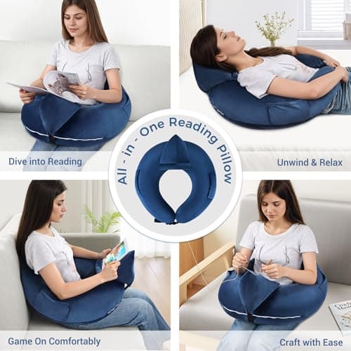 INFANZIA Reading Pillow for Gaming, Arm Rest Support Pillow, U-Shaped Lap Pillow with Side Pocket for Bed & Sofa, Compact Gaming Pillow with Tablet Support for Reading, Crocheting, Working (Blue) — view 2