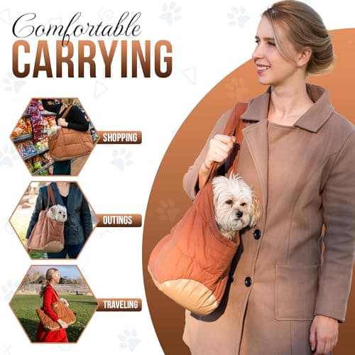 Plush Dog Purse Carrier for Small Dogs, Soft Dog Tote Bag with Safety Harness Clip, Cozy Pet Carrier for Dogs Under 15 lbs, Comfortable Dog Shoulder Carrier for Travel, Brown — view 2
