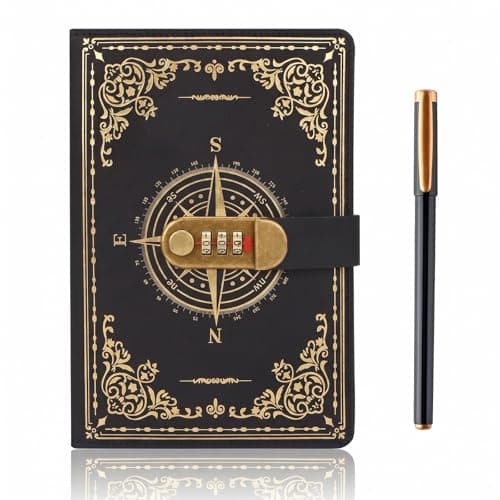 SIMDAO A5 Journal With Lock, Vintage Leather Compass Diary, 200 Pages Lined Paper Notebook With Pen, Secret Diary With Combination Password, Locked Journal for Men Women, Study, Travel Writing