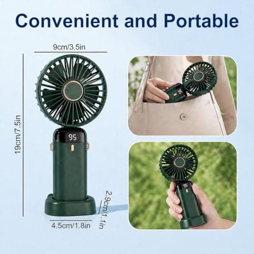 glonest Portable Handheld Fan Rechargeable, Foldable Mini Desk Fan with Smart LED Display, Powerful USB Battery Operated Personal Cooling Fan for Travel Office Home Outdoor Camping (Dark Green) — view 2
