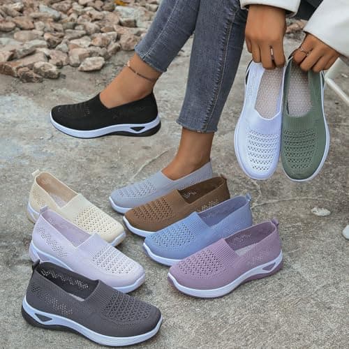 Women’s Slip On Walking Shoes, Lightweight Breathable Knitted Casual Trainers, Laceless Pull On Comfort Trainers for Ladies, Everyday Walking, Work, Travel and Outdoor Wear Purple — view 2