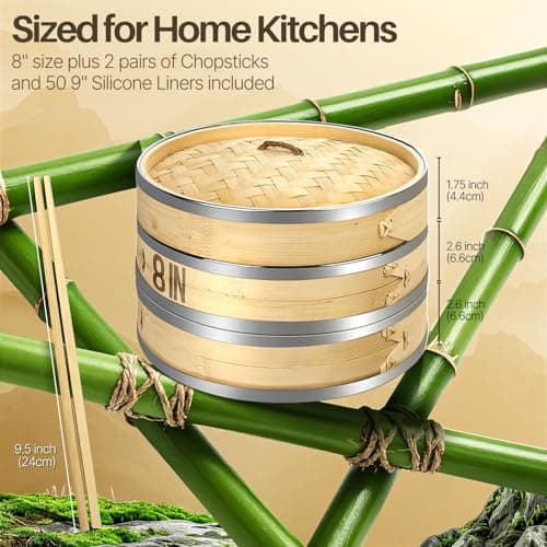 Flexzion 8-Inch Bamboo Steamer Basket Set with Stainless Steel Banding — view 5