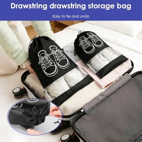 MENIBBLER 10Pcs Shoe Bags Travel Shoe Bag with Semi Transparent Window, Portable Dustproof Walking Boot Bags for Men and Women Reusable Drawstring Shoes Pouch for Packing in Luggage(Black) — view 6