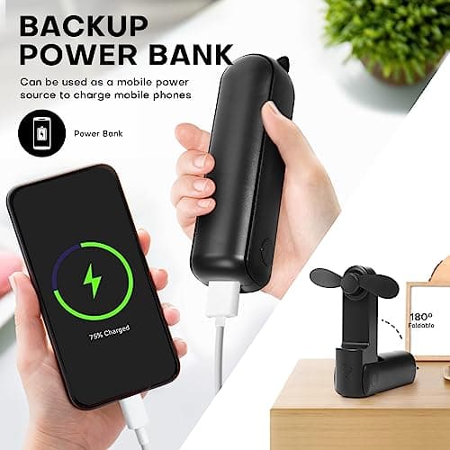 OHLGT Mini Handheld Fan, 3 Speeds Rechargeable Quiet [9-15 Working Hours], Portable USB Small Pocket Personal Fan With Power Bank for Travel, Outdoor or Indoor - All Black — view 4