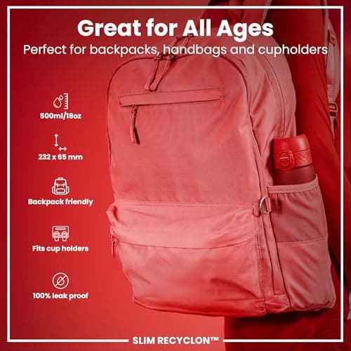 Ion8 Water Bottle, 500 ml/18 oz, Leak Proof, Easy to Open, Secure Lock, Dishwasher Safe, BPA Free, Hygienic Flip Cover, Carry Handle, Fits Cup Holders, Easy Clean, Carbon Neutral, Red — view 2