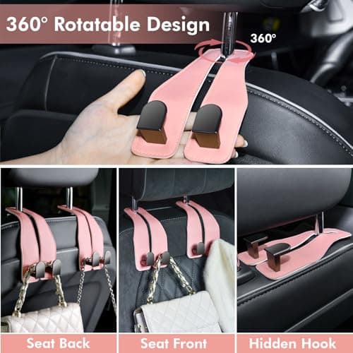 Car Hooks for Headrest, Leather Car Seat Back Storage Organizer Interior Accessories, More Wide & Deep Auto Seat Hook Hangers for Purse Umbrellas Handbag Clothes Coats Grocery Bags (Pink-4 Pack) — view 3