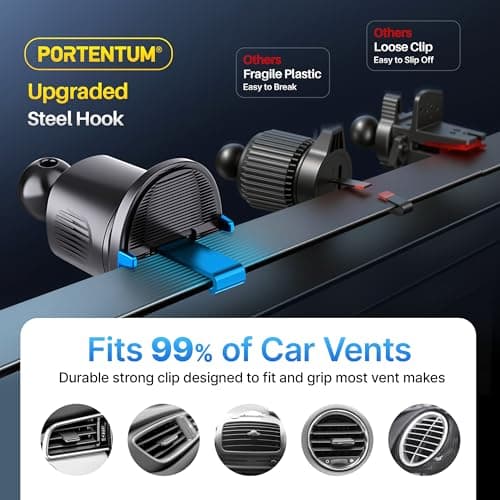 PORTENTUM Car phone holder air vent with hook – New 2026 version – Triple lock system – 360° Adjustable rotation – Compatible with any phone 4–7.5" — view 4