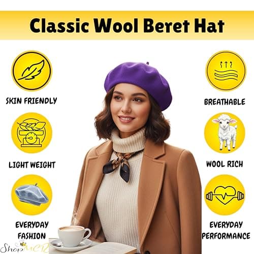 ShopMCR Classic Wool Beret Hat for Men & Women – French Style Vintage Artist Cap – Soft, Warm & Comfortable Autumn Winter Accessory – Plain, Chic & Timeless Parisian Fashion Hat (Light Orange) — view 3