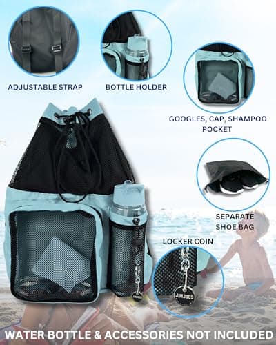 JIMJOOS Drawstring Mesh Swimming Bag - 25L Waterproof Swim Bag with Wet/Dry Compartment, Multifunctional Sports Backpack for Kids, Adults, Swimming, Surfing, Beach, Gym (Sky Blue) — view 4