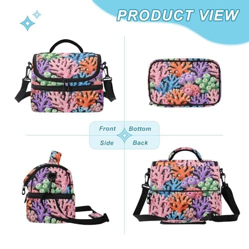 Caihoyu Double-layer Lunch Bag Colorful Corals Lightweight Leakproof Bags with Shoulder Strap for Beach, Camping, Road Trips — view 2