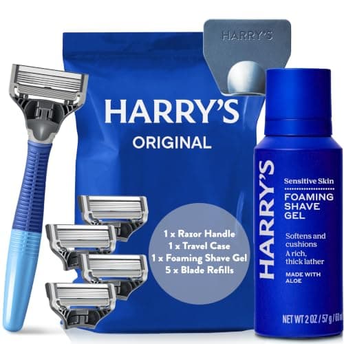 Harry’s Original Razors for Men, 5-Blade Razor Set – 1 Blue Handle, 5 Razor Blade Refills, 60ml Shave Gel, Travel Blade Cover