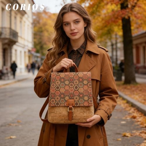 CORIOS Boho Backpack for Women Daypacks with Ethnic Pattern Bohemian Style Shoulder Handbag Multipurpose Convertible Purse Teenager School Bag Bookbag Cork Fabric Rucksack for Travel Outdoor Caramel — view 2
