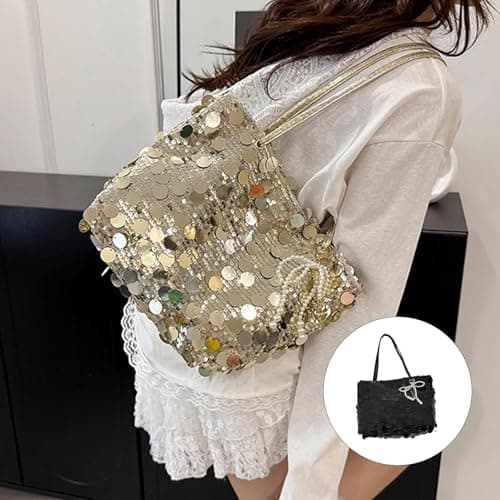 [Uitndvyte] Large Capacity Glitter Sequin Tote Bag Trendy Shoulder Bag Purse Handbag Shopping Beach Closure Large Capacity Hobo Bag, gold — view 4