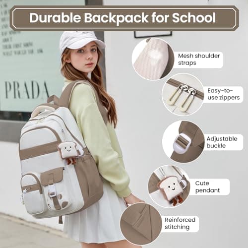 Amythe School Backpacks for Girls with Pendant, Water-Resistant, Brown — view 2