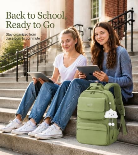 FIORETTO 25L School Bag for Girls & Teens, Womens Backpack Rucksack with Organized Pockets, Trolley Strap & Chest Buckle, Fits 15.6" Laptop, Ideal for School, Travel & Daily Use Green — view 2
