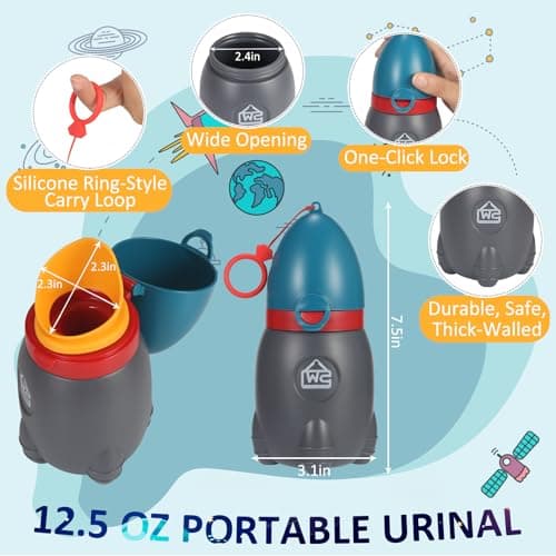 Cute Rocket Design 12.5 OZ Kids Pee Cup, Portable Reusable Emergency Pee Bottle for Toddler Boys & Girls, Ideal for Camping, Car Travel, Road Trips and Toddler Toilet Training — view 2