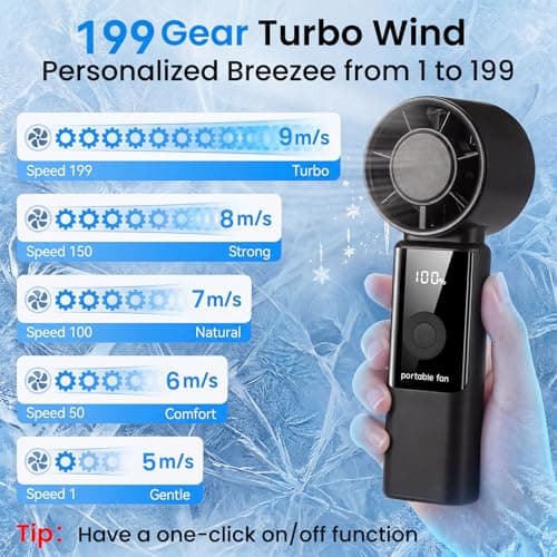 Phimke Portable Handheld Fan, High Speed Turbo Hand Held Fan with Speed (1-199) 4000mAh Battery Up to 16hrs, Rechargeable Mini Hand Fan with LED Display, Foldable Portable Fan for Home Outdoor (Black) — view 4