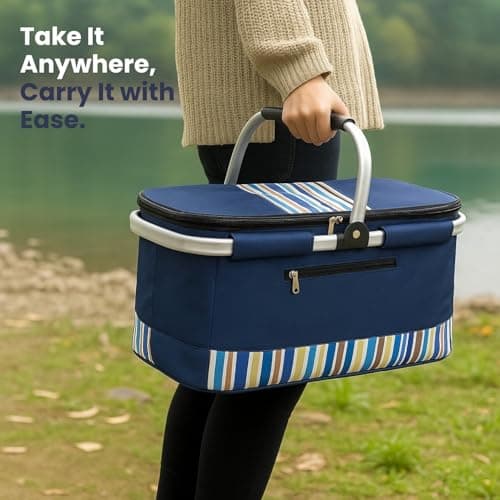 HOMESHOPA 35 Litre Insulated Picnic Basket With Lid, Blue Multi Stripe Foldable Thermal Cooler Bag Hard Liner, Upright Standing Box for Outdoor Camping, Travel, Portable & Collapsible Shopping Hamper — view 6