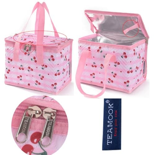 TEAMOOK Foldable Lunch Bag Insulated Lunch Box Water-Resistant Leakproof Soft Cooler Bag Pink Cherry 8-10 cans — view 3