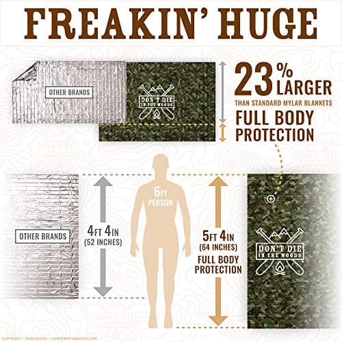 Don't Die In The Woods - Freakin’ Huge Emergency Blankets [4-Pack] Extra-Large Thermal Mylar Space Blankets with Ripstop Nylon Stuff Sacks + Carabiner Zipper Pack [Woodland Camo] — view 4