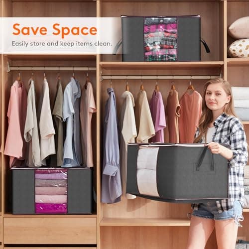Lifewit 105L Clothes Storage Bags Large Storage Box With Lid Packing Boxes for Moving House With Reinforced Handle Thick Fabric Clear Window for Clothes Duvet Blankets Bedding, 3 Pack, Grey — view 5