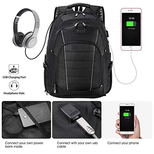 Laptop Backpack, Extra Large 17 Inch Business Travel Rucksack with USB Charging Port Earphone Hole, Durable Water Resistant Work Computer Backpack College/High School Bags for Men/Women/Boys, Black — view 5