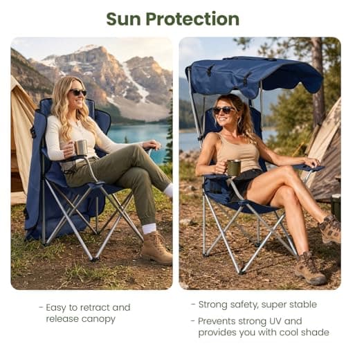 GoDyna Portable Camping Chair with Canopy Shade Folding Outdoor Chair with Cup Holder Heavy Duty Waterproof Beach Fishing Lawn Chair for Camping Picnic Garden Patio Support 175kg (Dark Blue) — view 5