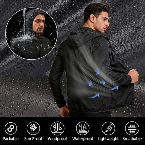 LXEASYGO Men's Lightweight Waterproof Jacket Packable Hooded Rain Jacket Outdoor Sun Protection Windproof Raincoat for Cycling, Running, Hiking (UK, Alpha, M, Regular, Regular, Black-1) — view 4