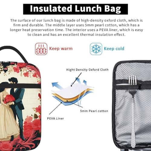 KKLWEGU Just Married Lunch Bag Insulated Reusable Lunch Box Large Capacity Leakproof Lunch Cooler Totes Meal Bags For Women Men Work Office Picnic Travel — view 5