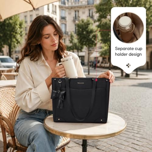 RAINSMORE Tote Bags for Women Large Handbag with 14 inch Laptop Black — view 6