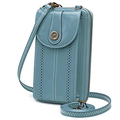 S-ZONE RFID Blocking 6.7 Inch Phone Purse Small Crossbody Bag PU Leather Cellphone Wallet Retro Hollow for Women Lady