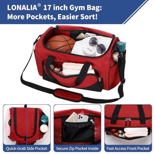LONALIA Small Holdall Bag 30L, Gym Duffle Bag, Red — view 3